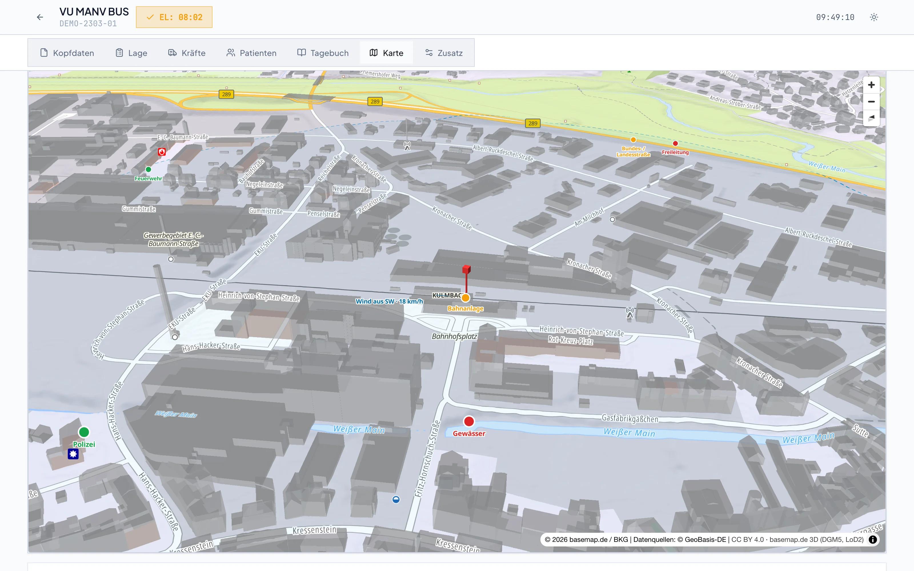 3D-Lagekarte in TactixEMS mit Radarkreis um die Einsatzstelle